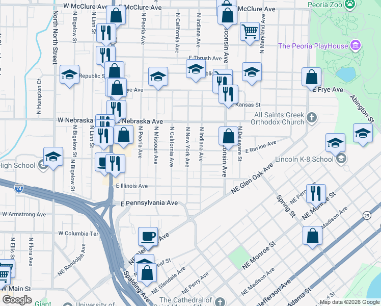map of restaurants, bars, coffee shops, grocery stores, and more near 515 East Ravine Avenue in Peoria