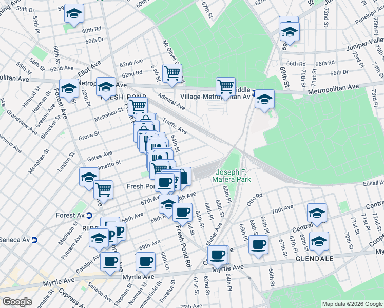 map of restaurants, bars, coffee shops, grocery stores, and more near 64-28 Woodbine Street in Queens