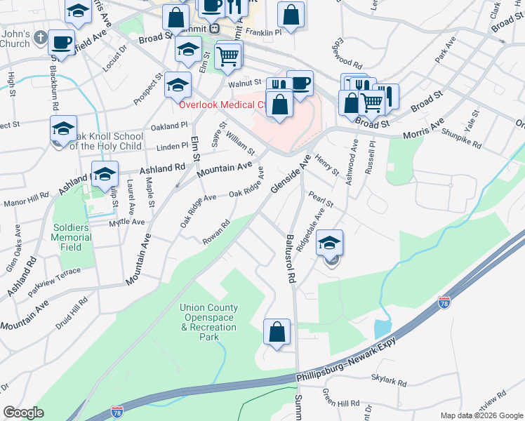 map of restaurants, bars, coffee shops, grocery stores, and more near 25 Baltusrol Place in Summit