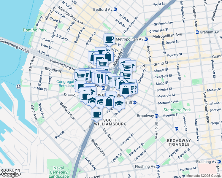 map of restaurants, bars, coffee shops, grocery stores, and more near 312 Broadway in Brooklyn