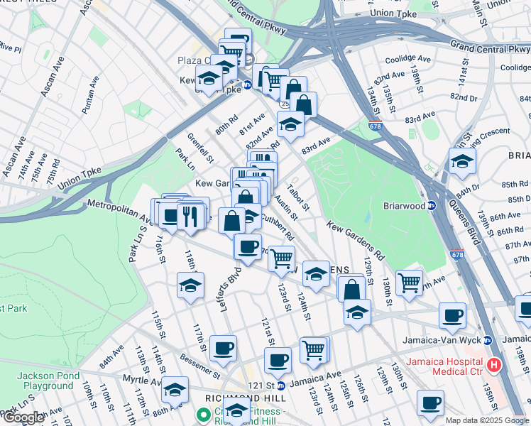 map of restaurants, bars, coffee shops, grocery stores, and more near 84-15 Cuthbert Road in Queens