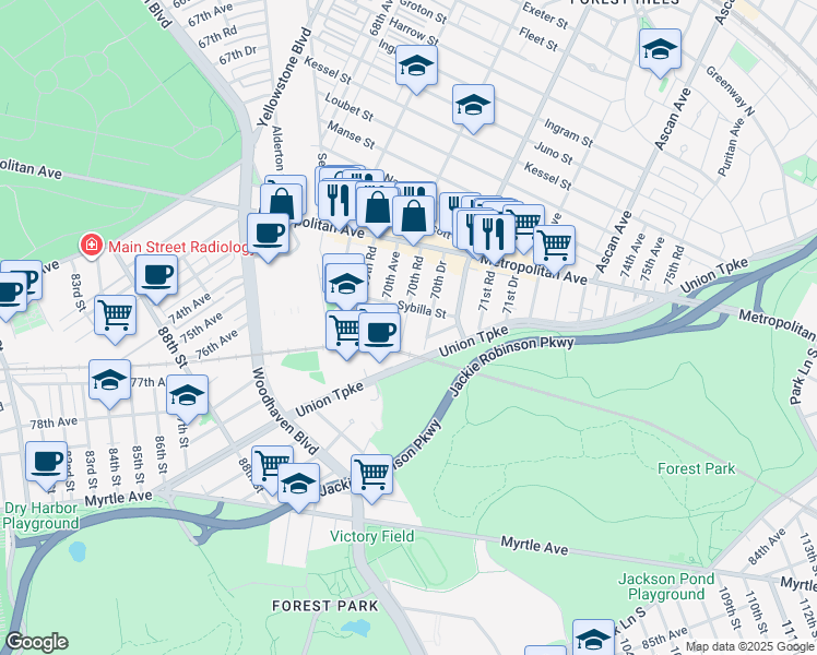 map of restaurants, bars, coffee shops, grocery stores, and more near 70-02 Sybilla Street in Queens