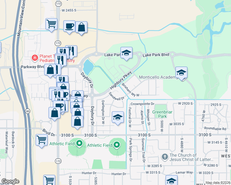 map of restaurants, bars, coffee shops, grocery stores, and more near 5282 Torbay Court South in West Valley City