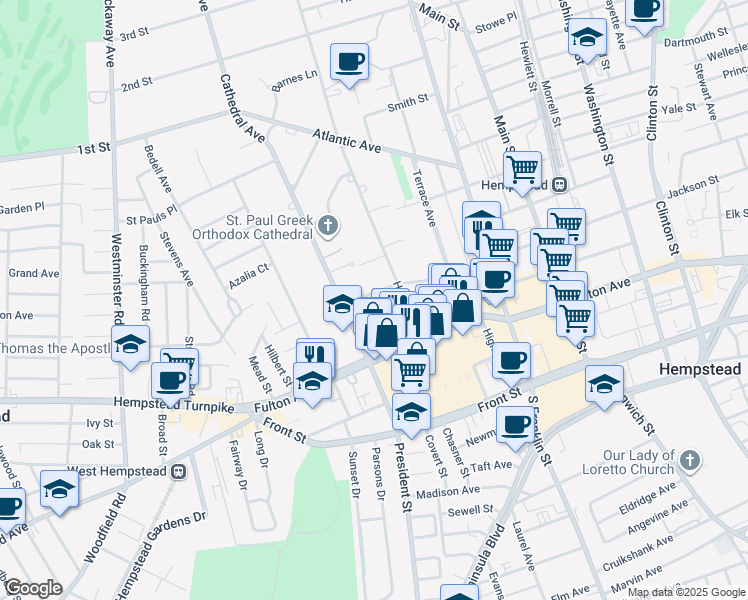 map of restaurants, bars, coffee shops, grocery stores, and more near 12 Mulford Place in Hempstead