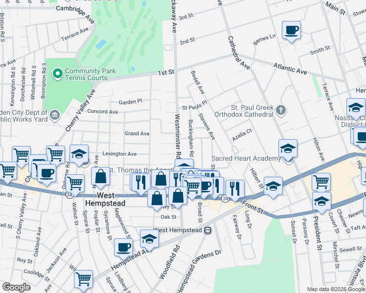 map of restaurants, bars, coffee shops, grocery stores, and more near 147 Trinity Place in West Hempstead