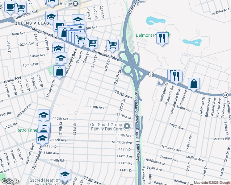 map of restaurants, bars, coffee shops, grocery stores, and more near 222-40 107th Avenue in Queens
