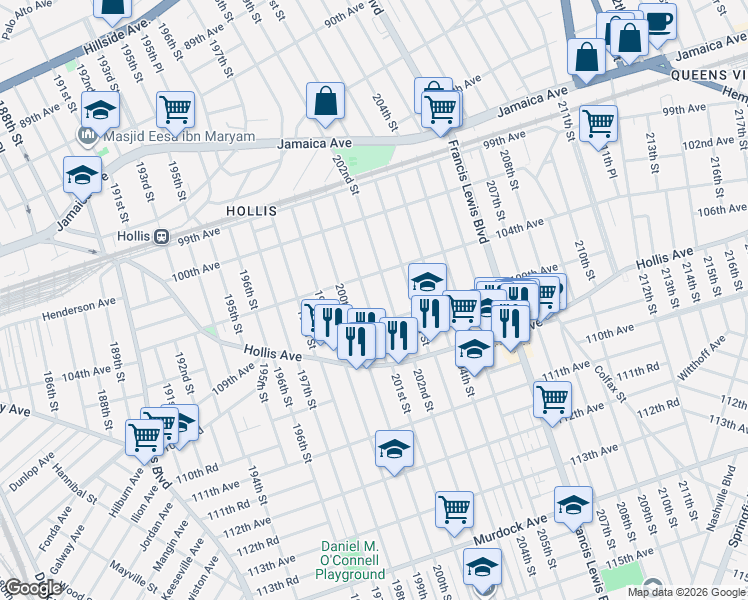 map of restaurants, bars, coffee shops, grocery stores, and more near 104-25 202nd Street in Queens