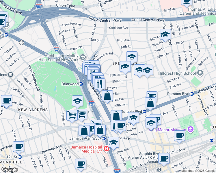 map of restaurants, bars, coffee shops, grocery stores, and more near 139-22 86th Avenue in Queens