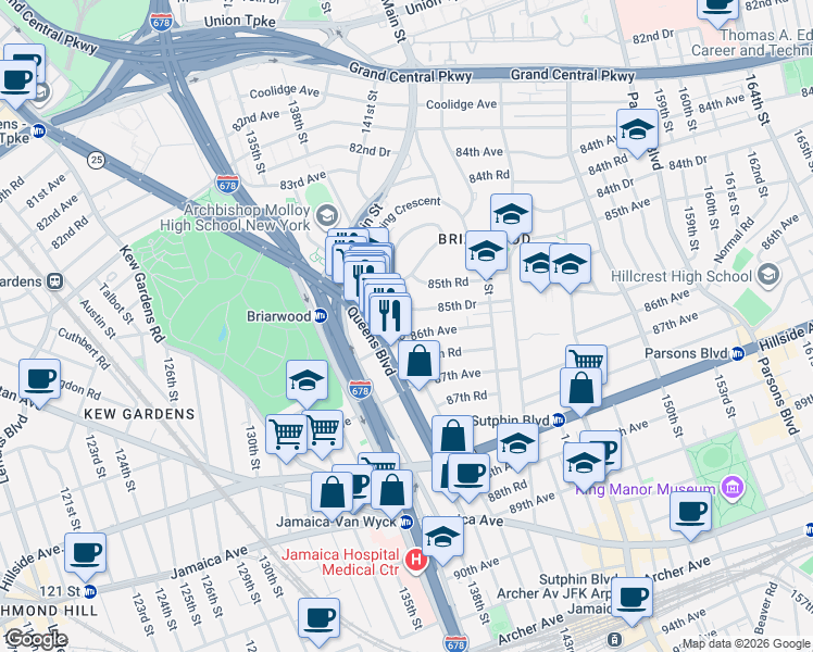 map of restaurants, bars, coffee shops, grocery stores, and more near 139-22 86th Avenue in Queens
