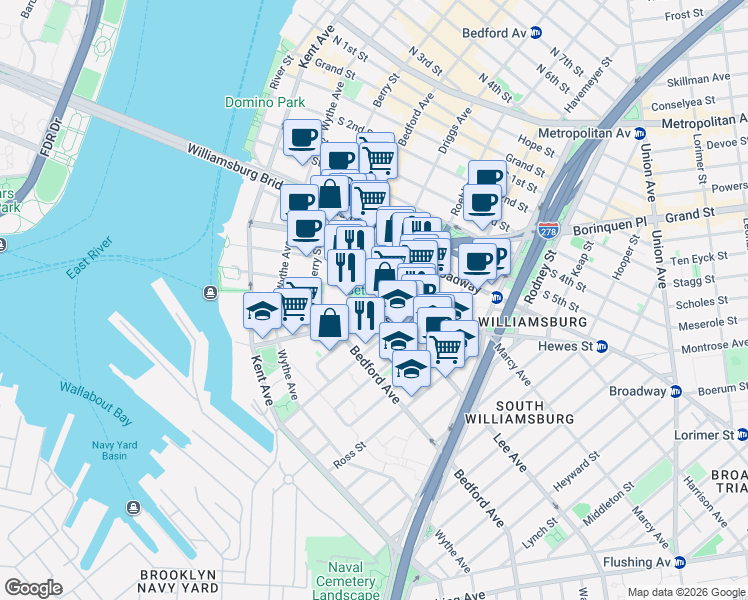 map of restaurants, bars, coffee shops, grocery stores, and more near 134 South 9th Street in Brooklyn