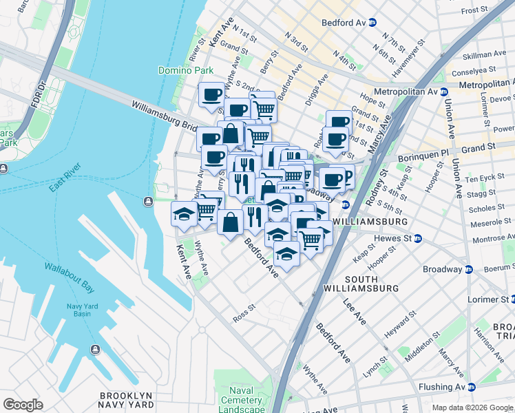 map of restaurants, bars, coffee shops, grocery stores, and more near 134 South 9th Street in Brooklyn