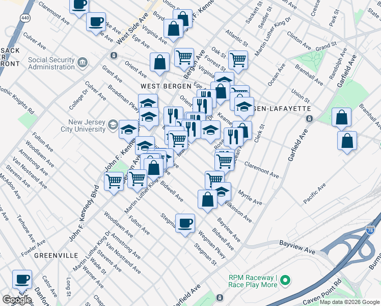 map of restaurants, bars, coffee shops, grocery stores, and more near 146 Myrtle Avenue in Jersey City