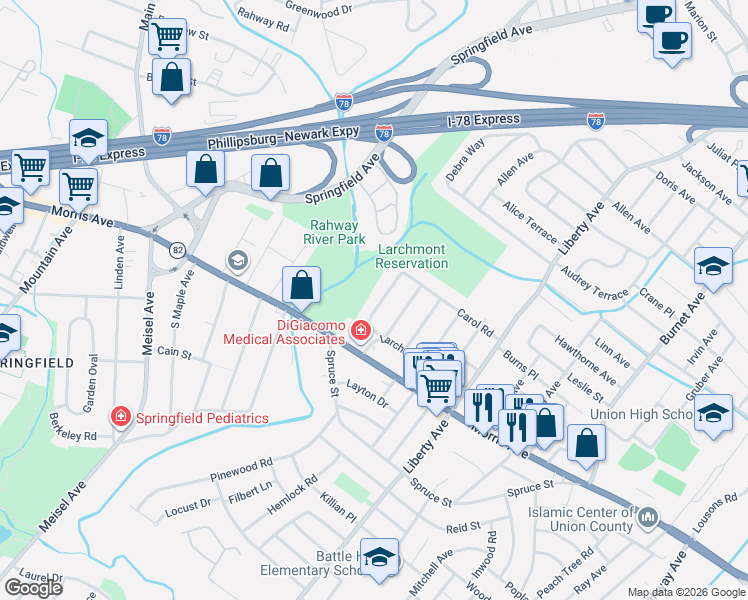 map of restaurants, bars, coffee shops, grocery stores, and more near 1070 Mount Vernon Road in Union