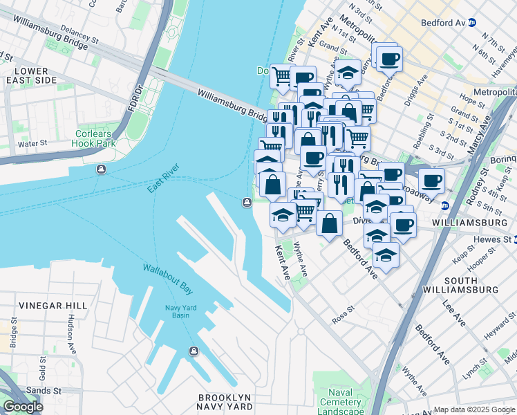map of restaurants, bars, coffee shops, grocery stores, and more near 484 Kent Avenue in Brooklyn