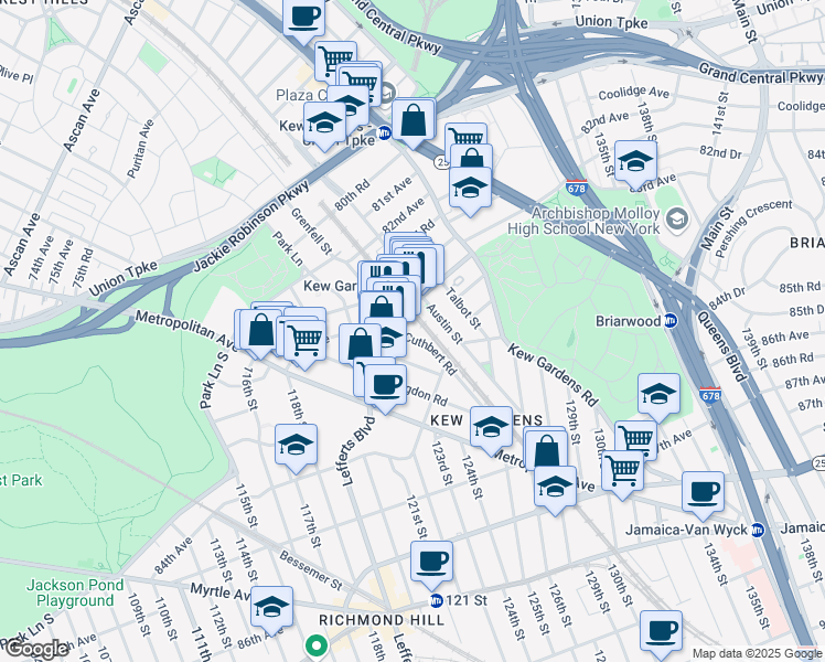 map of restaurants, bars, coffee shops, grocery stores, and more near 84-15 Cuthbert Road in Queens