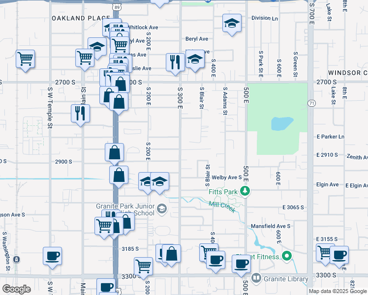 map of restaurants, bars, coffee shops, grocery stores, and more near 2885 South 300 East in South Salt Lake