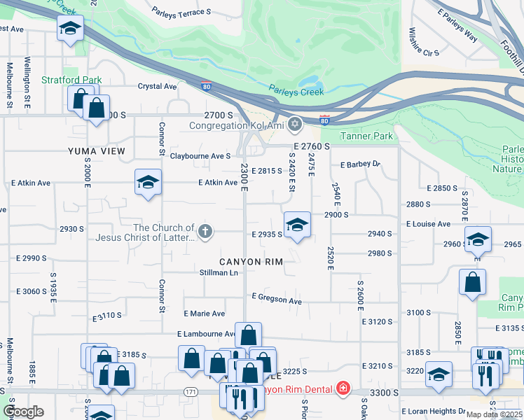 map of restaurants, bars, coffee shops, grocery stores, and more near 2342 Lakeview Drive in Salt Lake City
