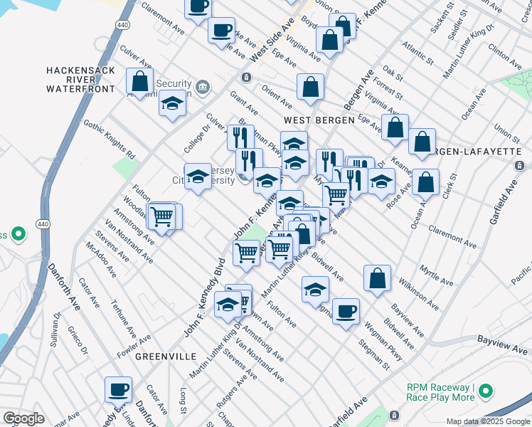map of restaurants, bars, coffee shops, grocery stores, and more near 2026 John F. Kennedy Boulevard in Jersey City