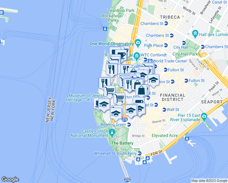 map of restaurants, bars, coffee shops, grocery stores, and more near 239 New York 9A in New York