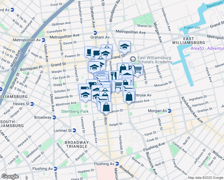 map of restaurants, bars, coffee shops, grocery stores, and more near 165 Meserole Street in Brooklyn