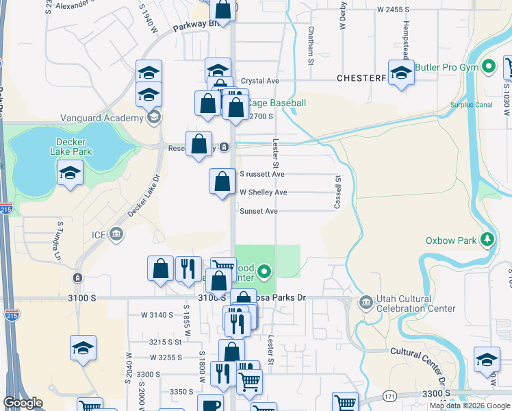 map of restaurants, bars, coffee shops, grocery stores, and more near 1634 Sunset Avenue in West Valley City