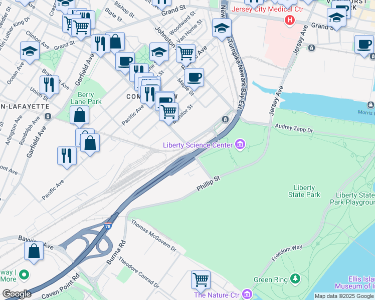map of restaurants, bars, coffee shops, grocery stores, and more near 258 Communipaw Avenue in Jersey City