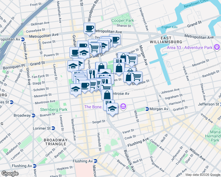 map of restaurants, bars, coffee shops, grocery stores, and more near in Brooklyn