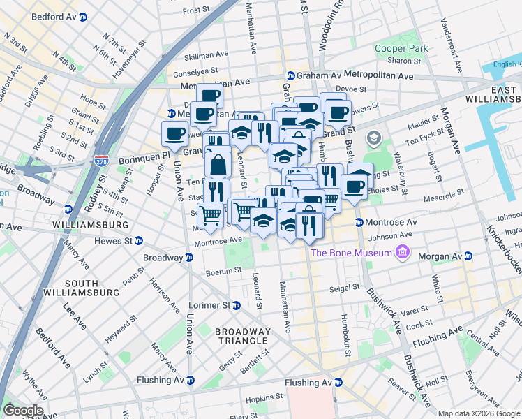 map of restaurants, bars, coffee shops, grocery stores, and more near 108 Scholes Street in Brooklyn