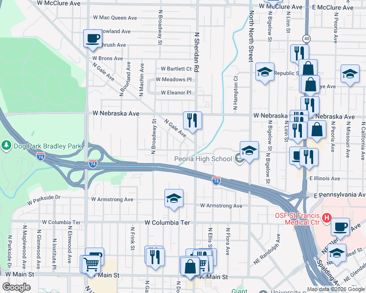 map of restaurants, bars, coffee shops, grocery stores, and more near 721 West Richmond Avenue in Peoria