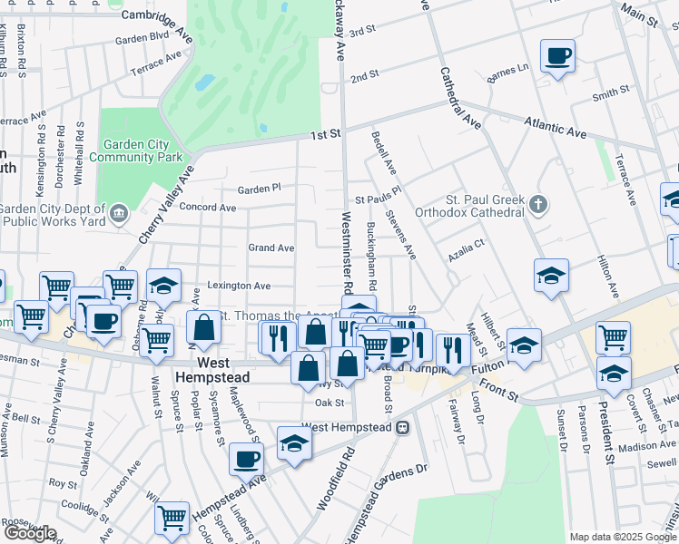 map of restaurants, bars, coffee shops, grocery stores, and more near 147 Trinity Place in West Hempstead