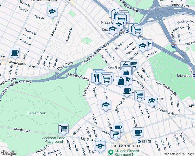 map of restaurants, bars, coffee shops, grocery stores, and more near 136 Audley Street in Queens