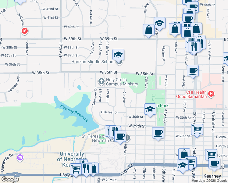 map of restaurants, bars, coffee shops, grocery stores, and more near 1098 W 33rd St in Kearney