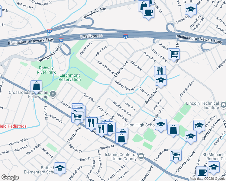 map of restaurants, bars, coffee shops, grocery stores, and more near 2607 Eleanor Terrace in Union