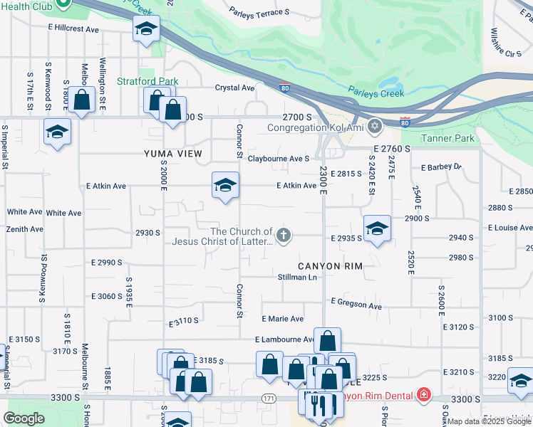 map of restaurants, bars, coffee shops, grocery stores, and more near 2194 East 2875 South Street in Salt Lake City