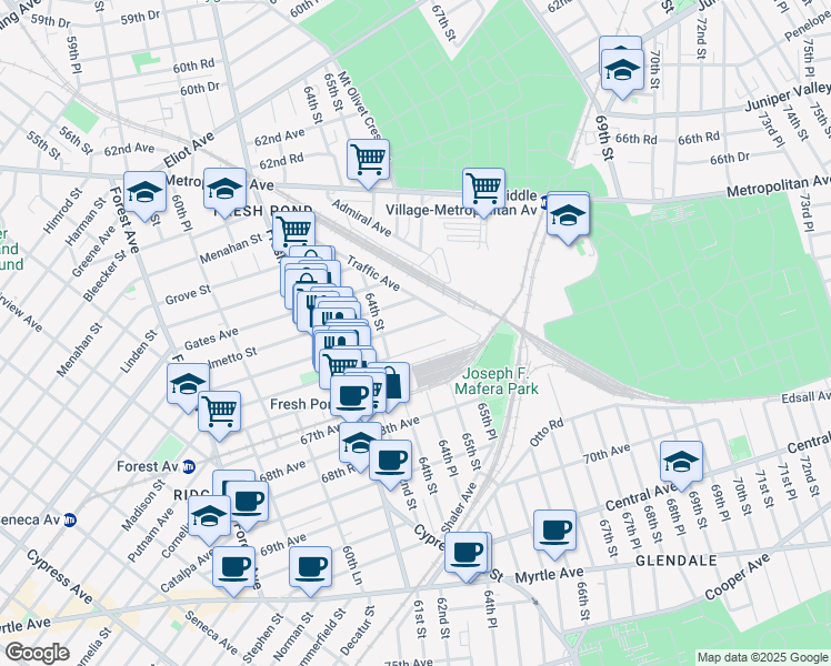 map of restaurants, bars, coffee shops, grocery stores, and more near 64-32 Woodbine Street in Queens
