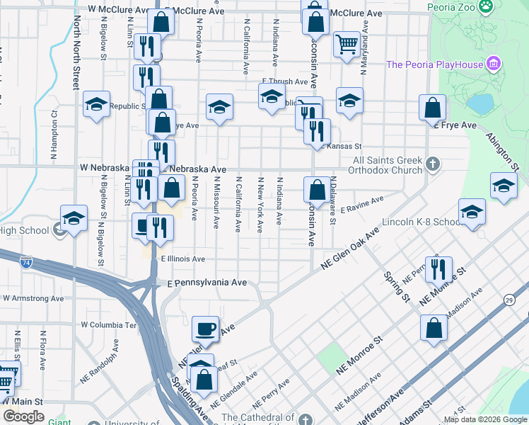 map of restaurants, bars, coffee shops, grocery stores, and more near 515 East Ravine Avenue in Peoria