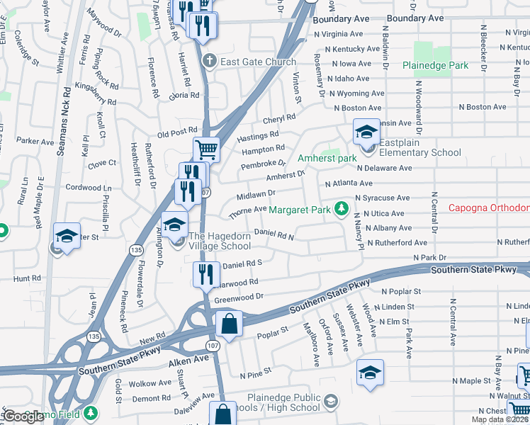 map of restaurants, bars, coffee shops, grocery stores, and more near 2 Thorne Avenue in Massapequa