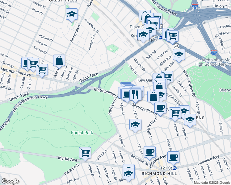 map of restaurants, bars, coffee shops, grocery stores, and more near 11701 Park Lane South in Queens