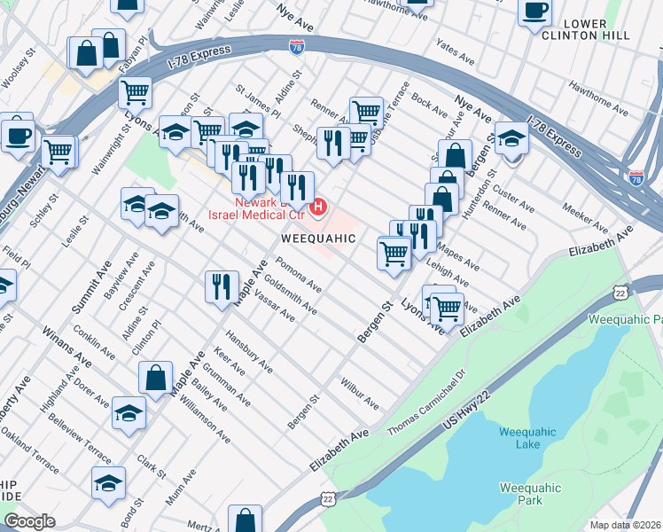 map of restaurants, bars, coffee shops, grocery stores, and more near 149 Weequahic Avenue in Newark