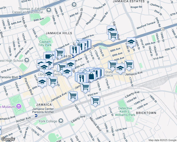 map of restaurants, bars, coffee shops, grocery stores, and more near 169-12 90th Avenue in Queens