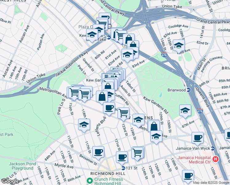 map of restaurants, bars, coffee shops, grocery stores, and more near 84-03 Cuthbert Road in Queens