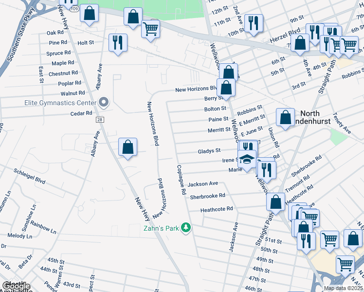 map of restaurants, bars, coffee shops, grocery stores, and more near 108 June Street in Lindenhurst
