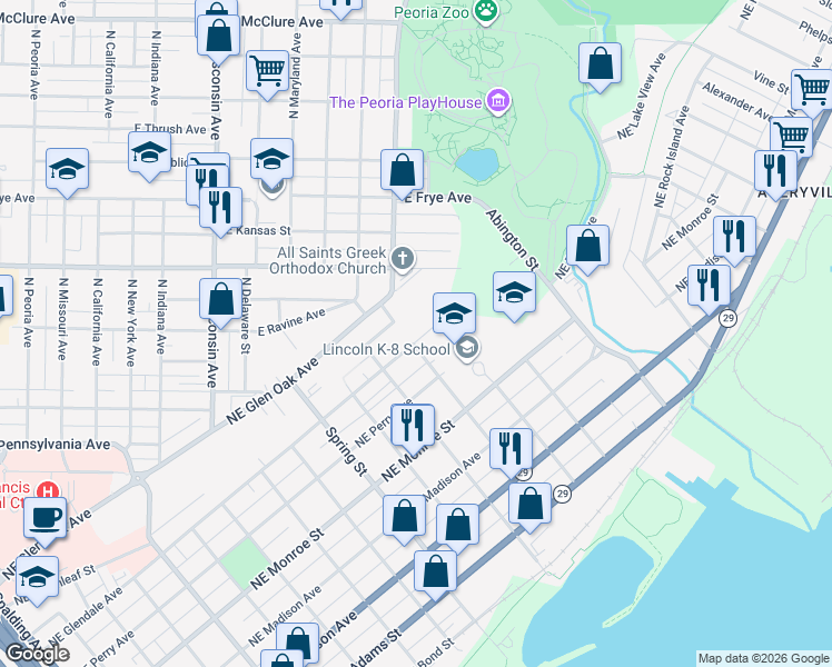 map of restaurants, bars, coffee shops, grocery stores, and more near 1601 Northeast Glendale Avenue in Peoria