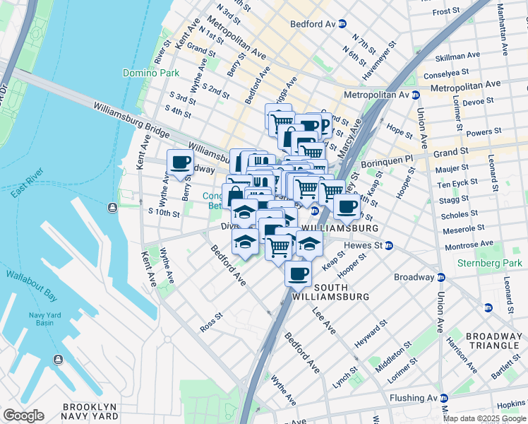 map of restaurants, bars, coffee shops, grocery stores, and more near Roebling Street & South 9th Street in Brooklyn