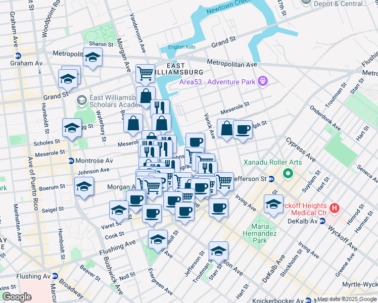 map of restaurants, bars, coffee shops, grocery stores, and more near 465 Johnson Avenue in Brooklyn