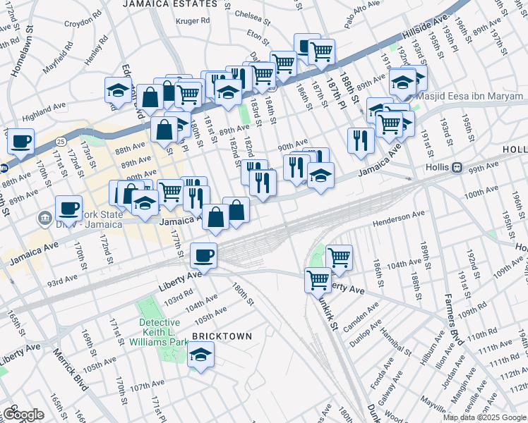 map of restaurants, bars, coffee shops, grocery stores, and more near 182-30 Jamaica Avenue in Queens