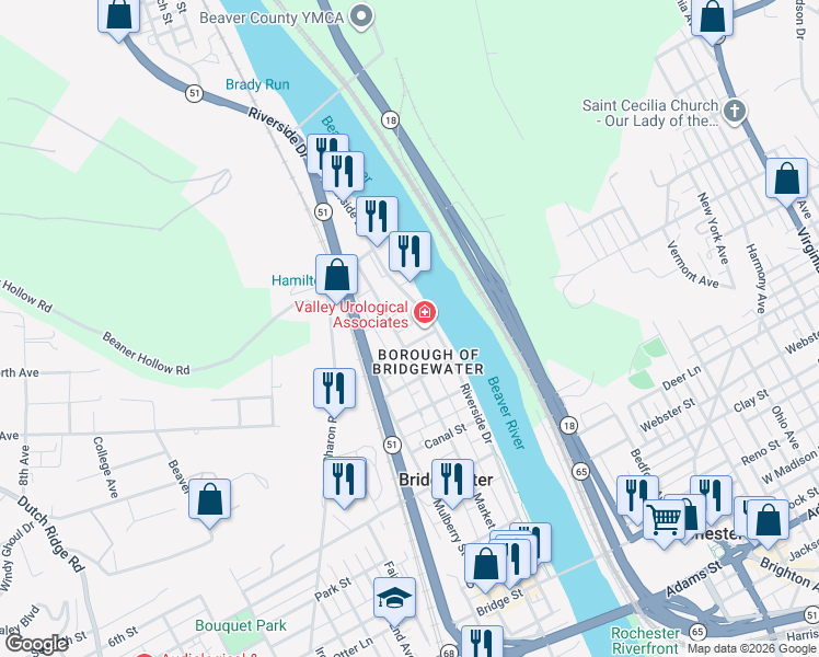 map of restaurants, bars, coffee shops, grocery stores, and more near 1314 Market Street in Beaver