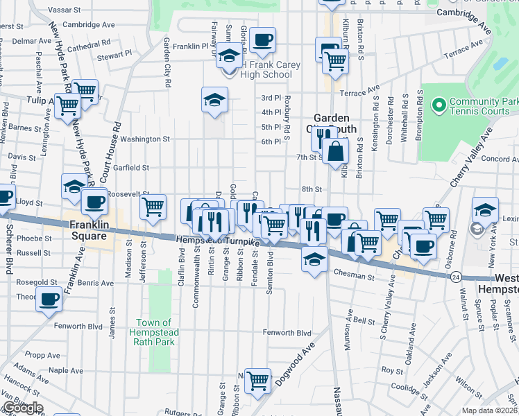 map of restaurants, bars, coffee shops, grocery stores, and more near 69 Carl Avenue in Franklin Square