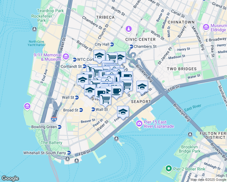 map of restaurants, bars, coffee shops, grocery stores, and more near 106 William Street in New York