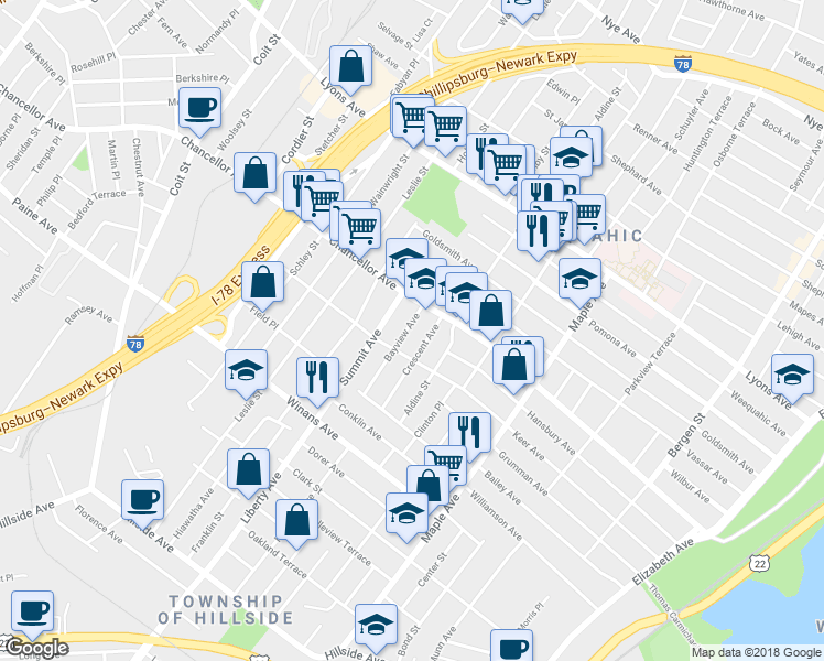 map of restaurants, bars, coffee shops, grocery stores, and more near 20 Bayview Avenue in Newark